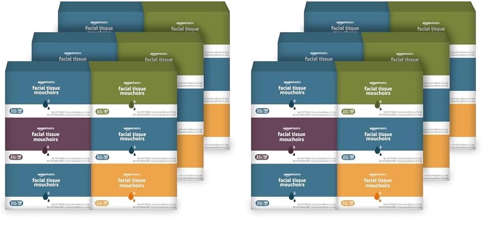 Amazon Basics Facial Tissue, 2-Ply, 2880 Count (18 Packs of 160), (Packaging May Vary)