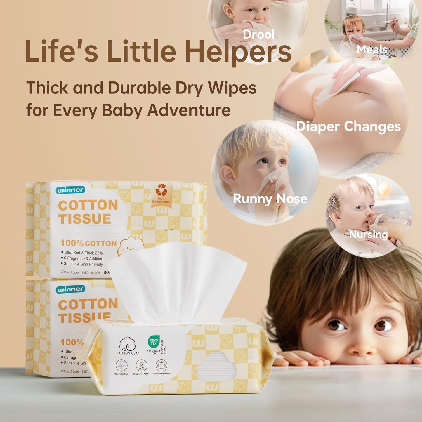 Winner 100% USDA Biobased Dry Wipes, Glycerin Infused Cotton Face Towels, Ultra Soft, Hypoallergenic, Baby Necessities for Diaper Changes, Meals, and On-the-go Cleanup, 600 Count, Pack of 6