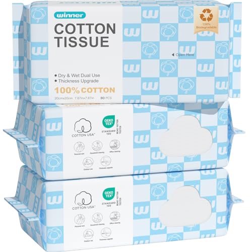 Winner Soft Face Towels, Upgraded Thicker 100% USA Cotton Dry Wipes, Unscented and Gentle on Sensitive Skin, Disposable Makeup Remover and Facial Towelettes (240 Count, Pack of 3)
