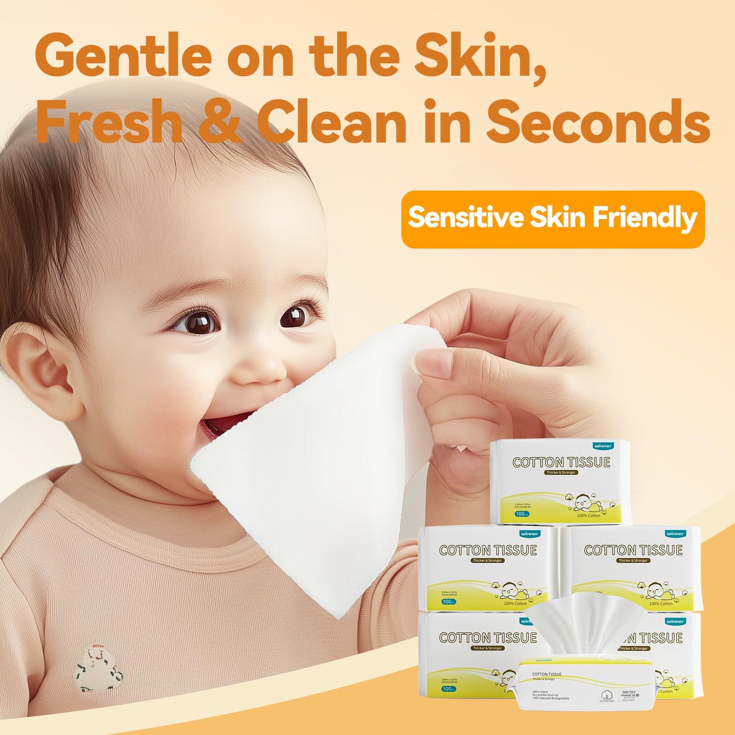 Winner 100% USDA Biobased Dry Wipes, Glycerin Infused Cotton Face Towels, Ultra Soft, Hypoallergenic, Baby Necessities for Diaper Changes, Meals, and On-the-go Cleanup, 600 Count, Pack of 6
