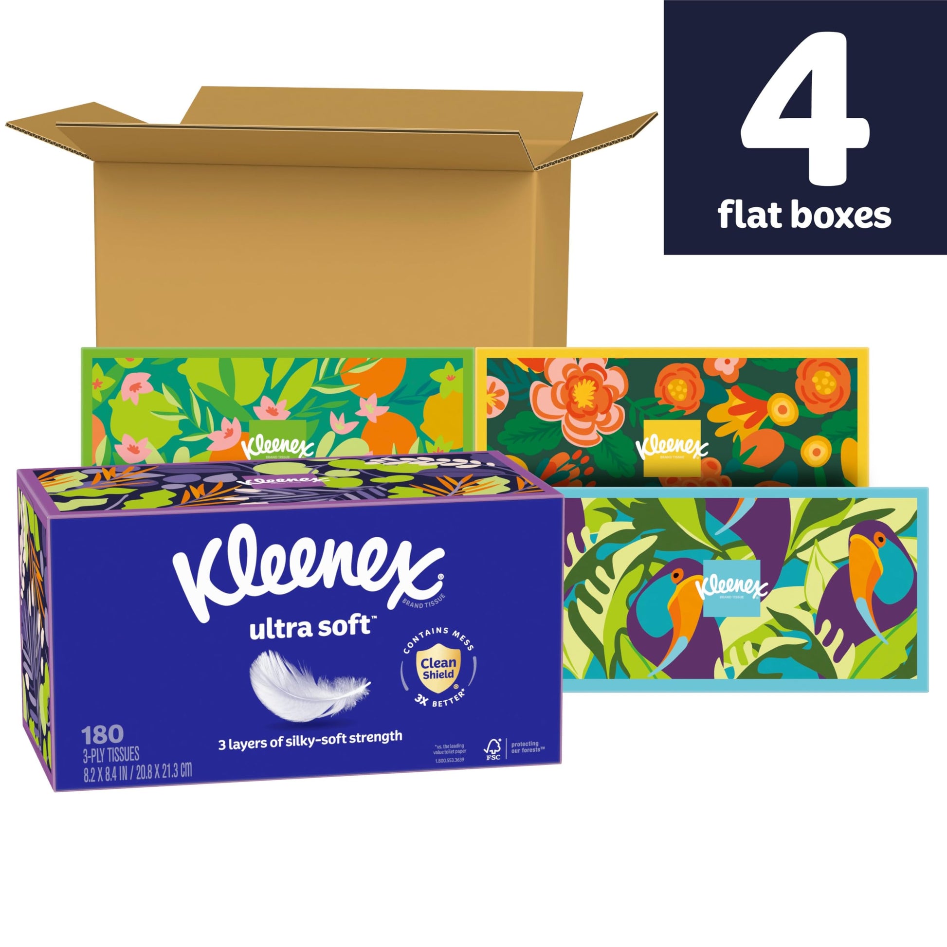 Kleenex Ultra Soft Facial Tissues, 8 Flat Boxes, 180 Tissues per Box, 3-Ply, Packaging May Vary