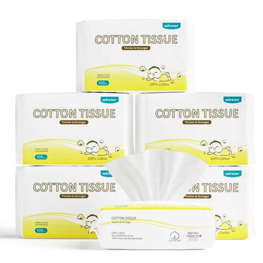 Winner 100% USDA Biobased Dry Wipes, Glycerin Infused Cotton Face Towels, Ultra Soft, Hypoallergenic, Baby Necessities for Diaper Changes, Meals, and On-the-go Cleanup, 600 Count, Pack of 6
