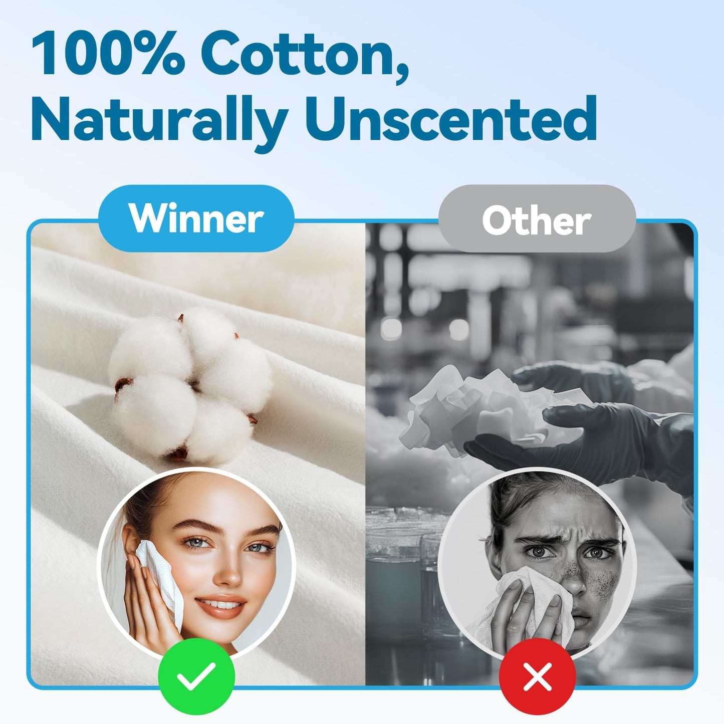 Winner Soft Face Towels, 100% USDA Biobased Facial Towels, Unscented Cotton Tissues for Sensitive Skin, OEKO-TEX Certified Face Towelettes Disposable, Makeup Remover Dry Wipes, 600 Ct, 6 Pack