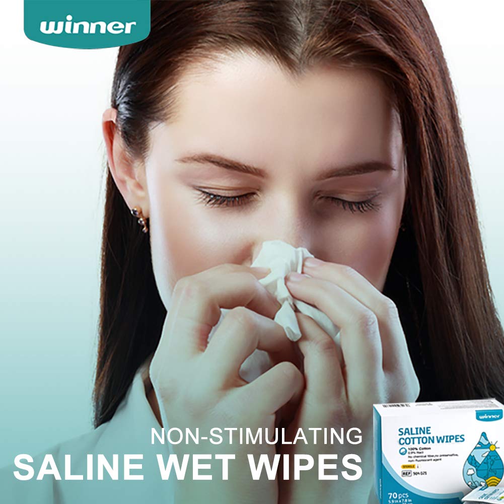 Winner Sterile Saline Wipes, 6" x 8" Large Personal Care Wipes, Gentle Saline Pads for Piercings, Multi-Purpose for Sensitive Eyes and Face, Individually Wrapped, 70 Count