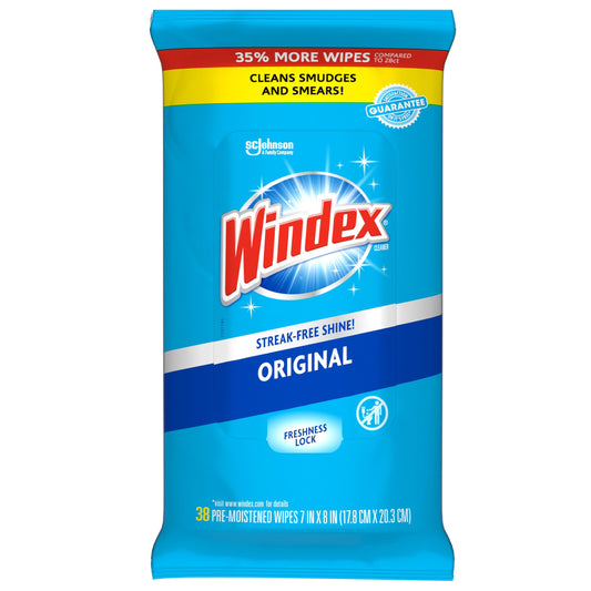 Windex Wipes Glass Cleaning Ammonia Free, Pre-Moistened Glass and Surface Wipes to Clean Home Surfaces, Crystal Rain Fresh Scent, 38 Count