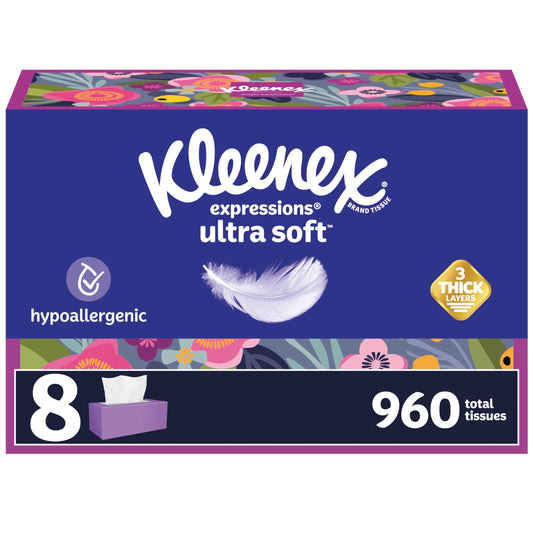 Kleenex Ultra Soft Facial Tissues, 8 Flat Boxes, 180 Tissues per Box, 3-Ply, Packaging May Vary