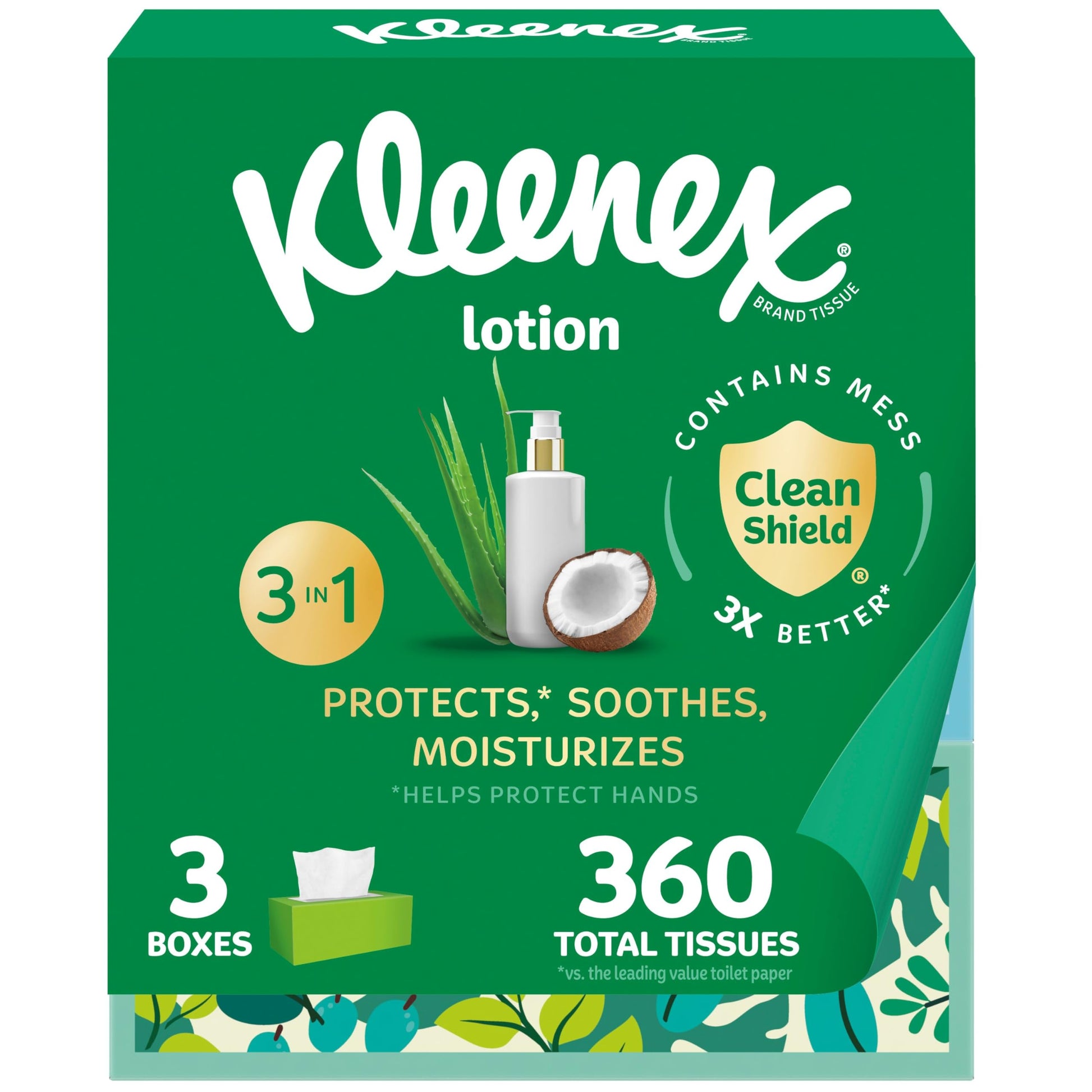 Kleenex Lotion Facial Tissues with Coconut Oil, 3 Flat Boxes, 120 Tissues Per Box, 3-Ply