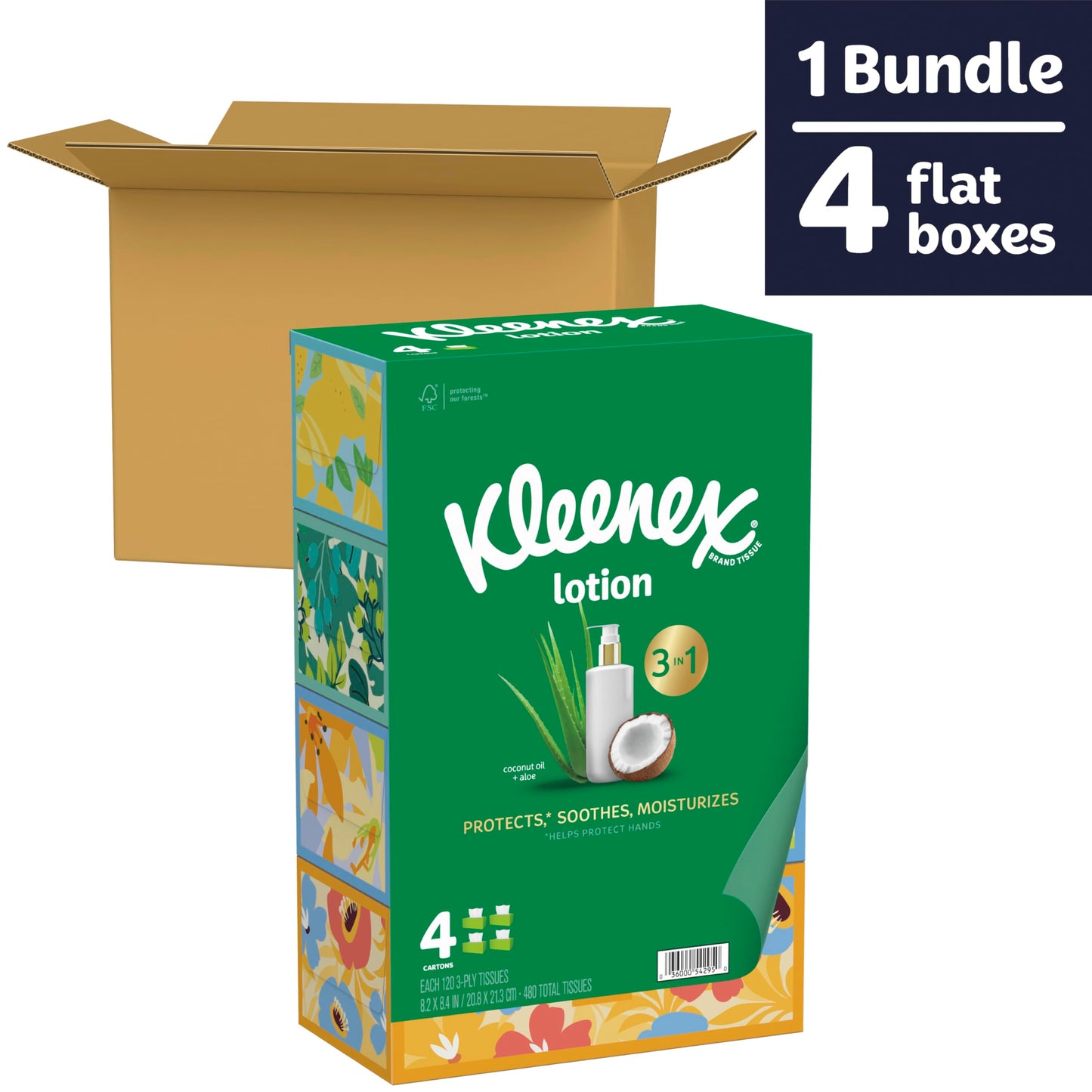Kleenex Lotion Facial Tissues with Coconut Oil, 3 Flat Boxes, 120 Tissues Per Box, 3-Ply